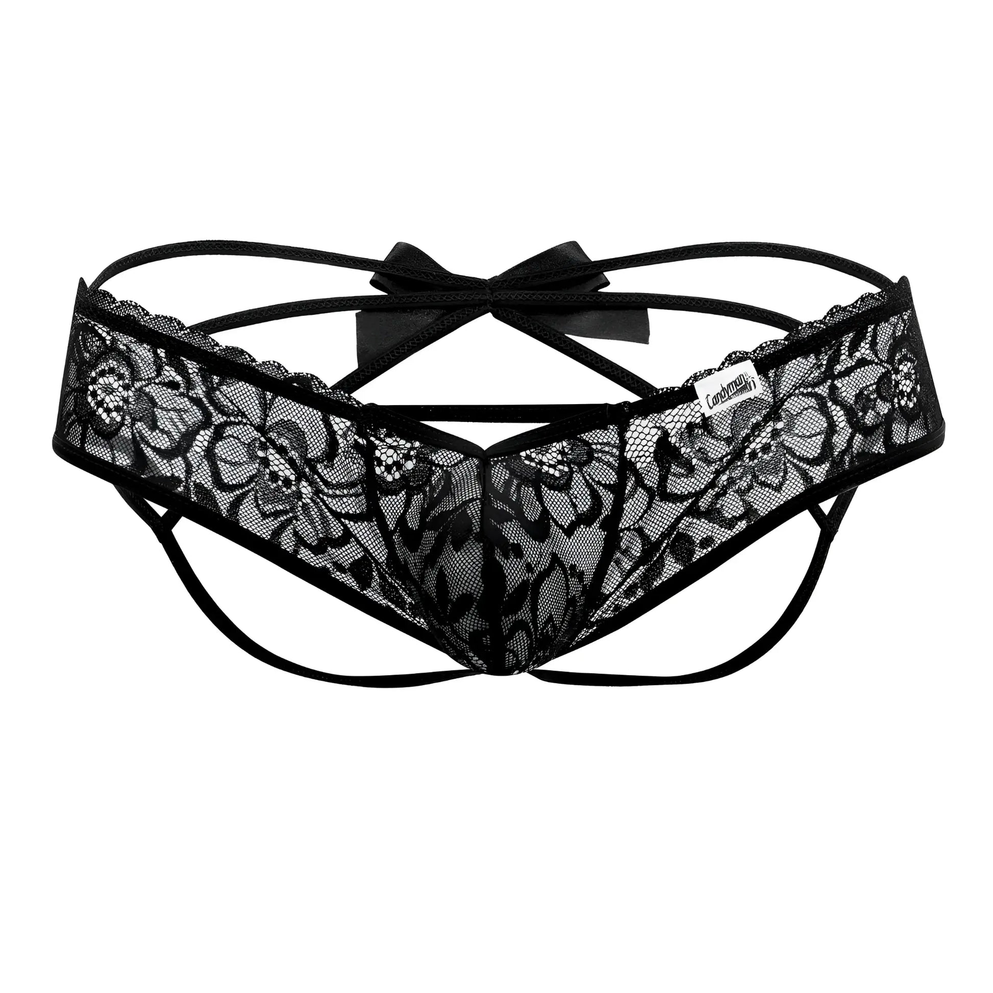 Black lace thong with floral pattern and satin bow at the back candyMan 99535 bow jockstrap in black