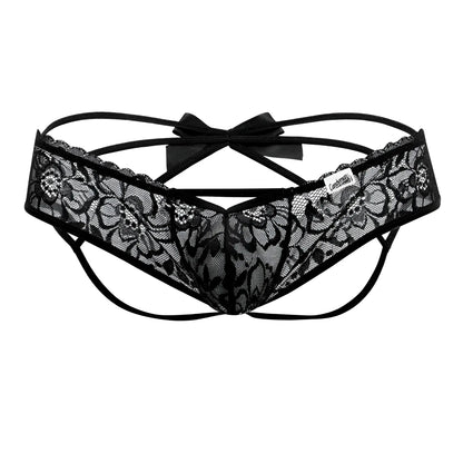 Black lace thong with floral pattern and satin bow at the back candyMan 99535 bow jockstrap in black