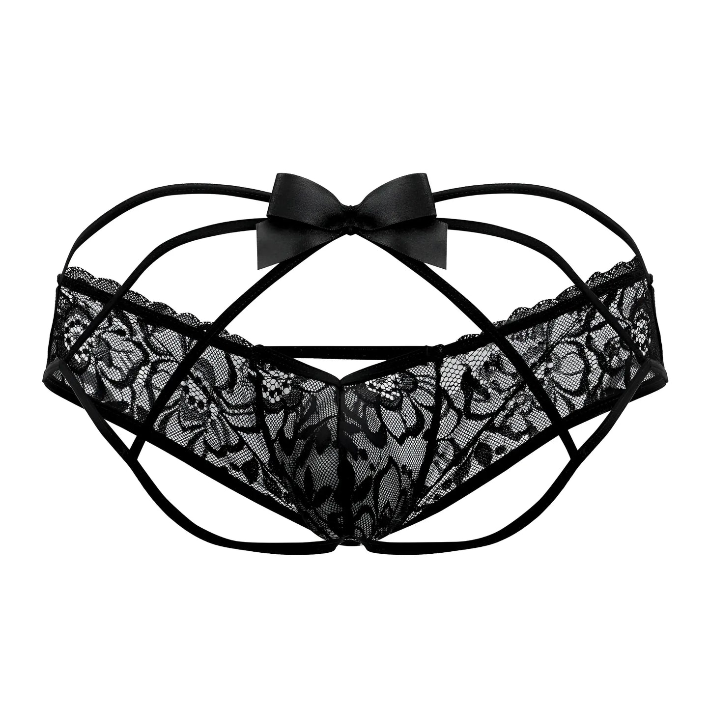 Black lace thong with satin bow at center from candyman 99535 bow jockstrap in black color