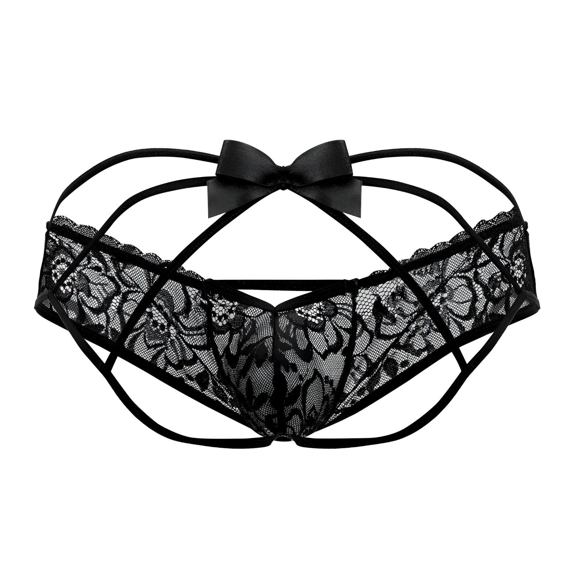 Black lace thong with satin bow at center from candyman 99535 bow jockstrap in black color