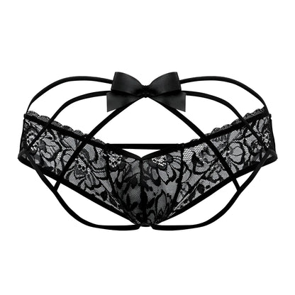 Black lace thong with satin bow at center from candyman 99535 bow jockstrap in black color