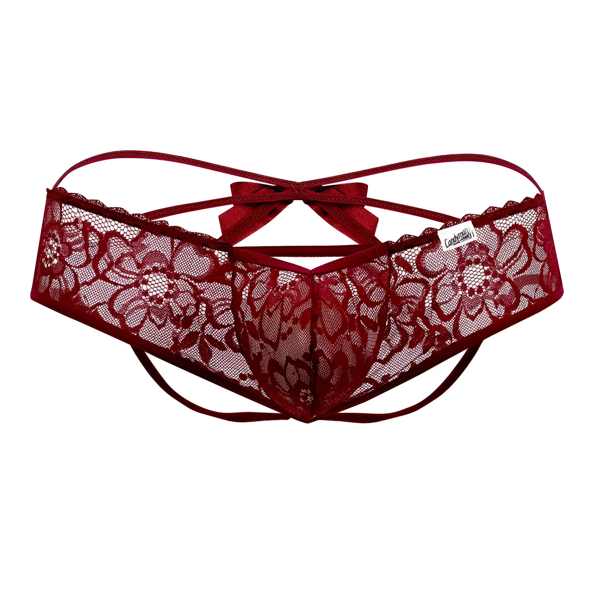CandyMan 99535 bow jockstrap in burgundy deep red lace thong with floral patterns and matching bow at the back