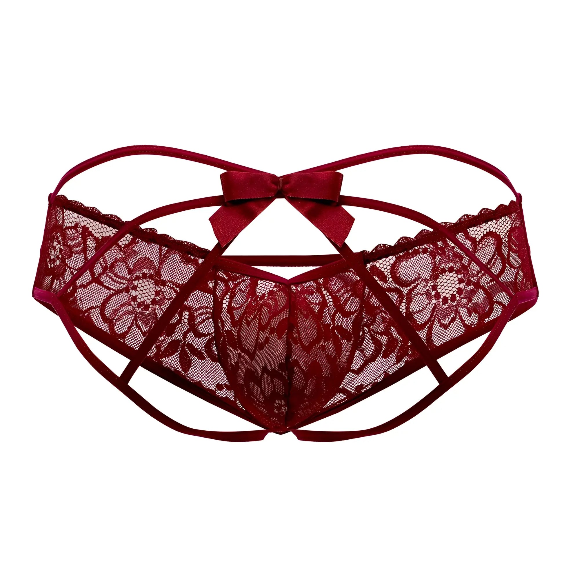Deep red lace thong with satin bow at the back from candyman 99535 bow jockstrap in burgundy color