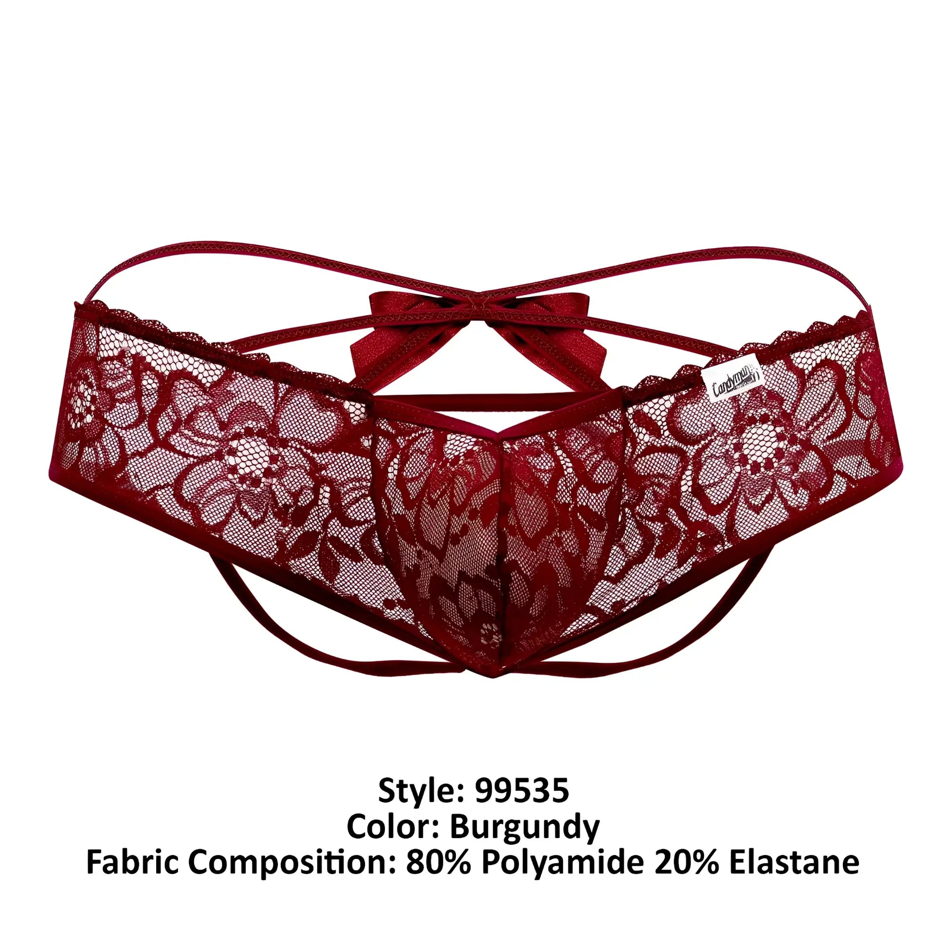 Back view of candyman 99535 bow jockstrap in burgundy lace thong with floral pattern and matching bow detail