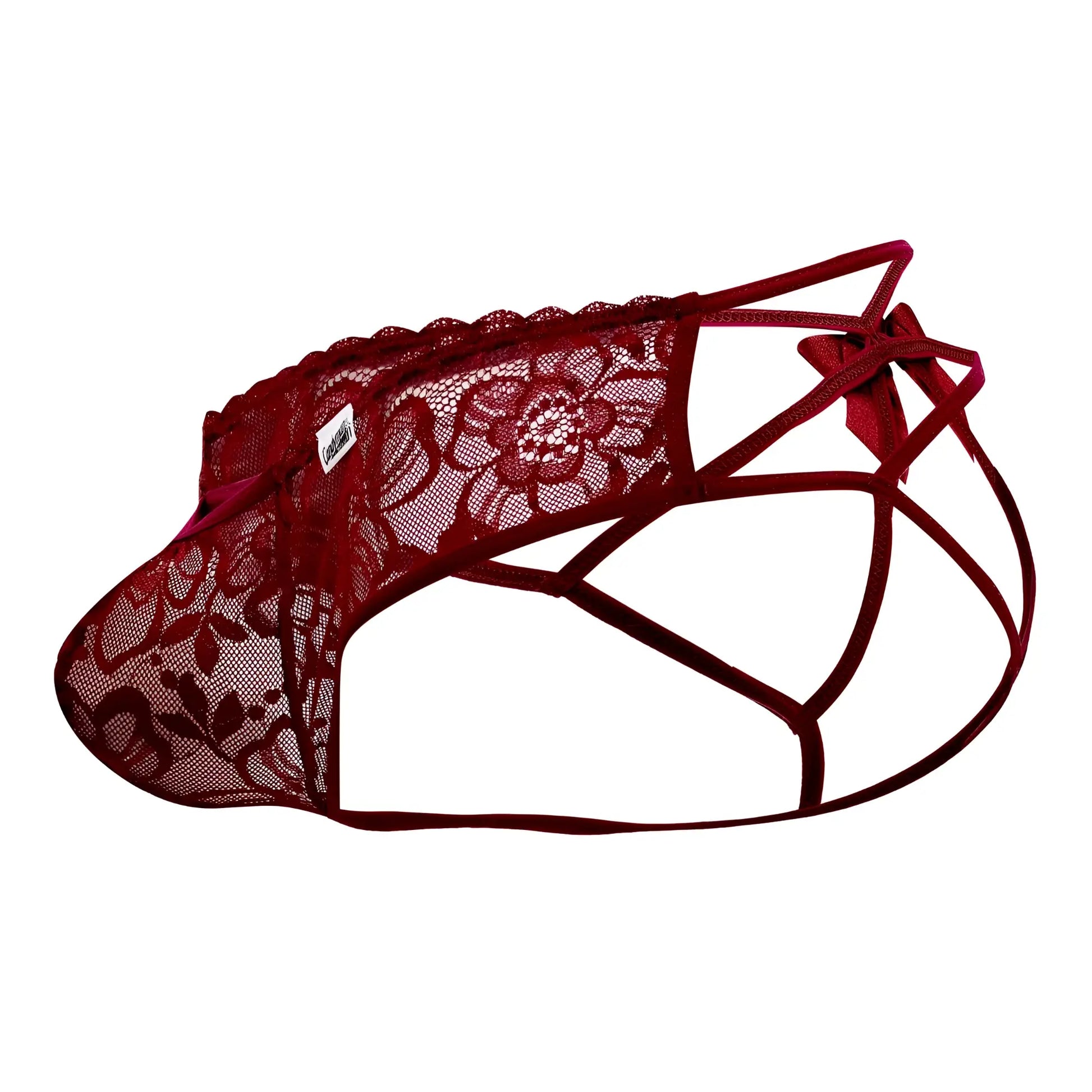 CandyMan 99535 bow jockstrap in burgundy lace thong with floral patterns and crisscross straps shown from the back