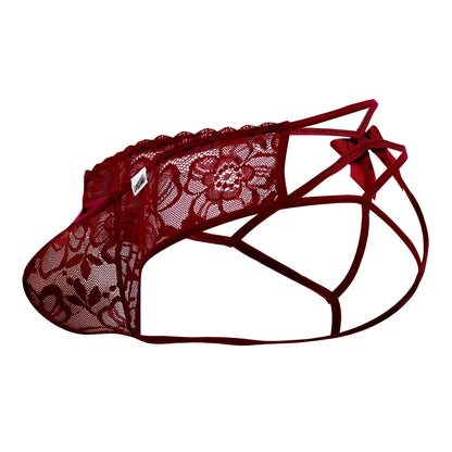 CandyMan 99535 bow jockstrap in burgundy lace thong with floral patterns and crisscross straps shown from the back