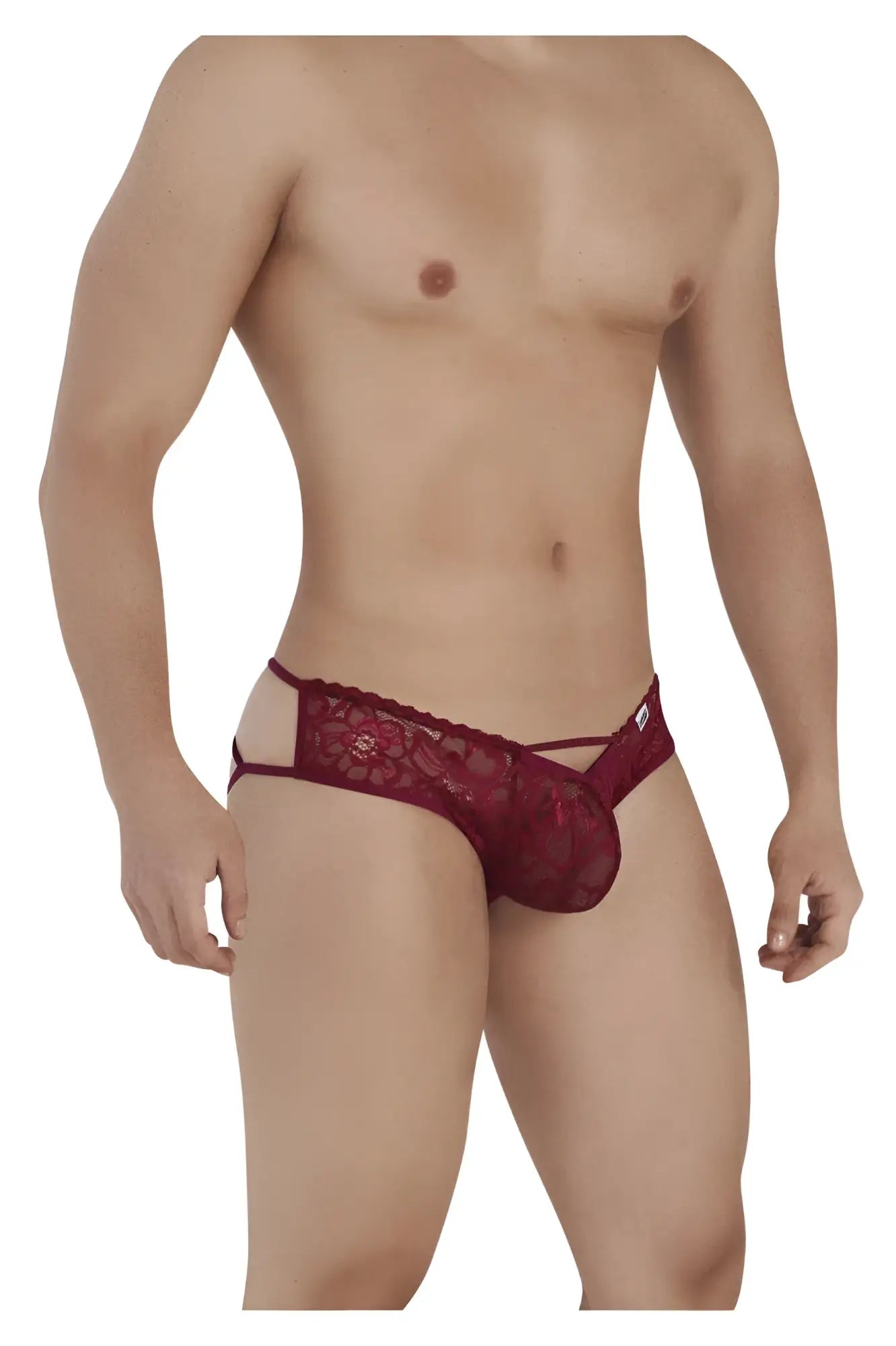 A candy man 99535 bow jockstrap in burgundy maroon lace with intricate floral patterns and a cut-out design