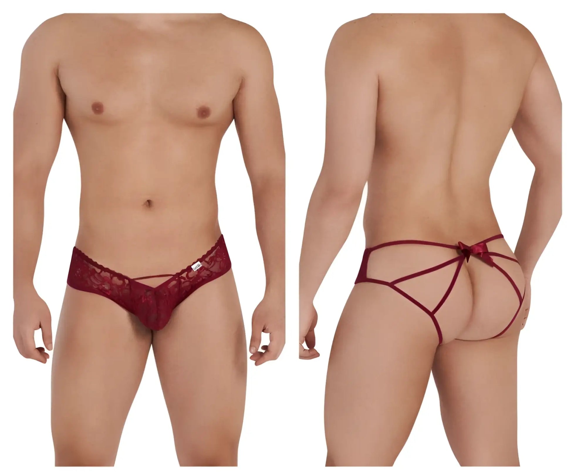 Back view of burgundy red lace thong with bow detail candy man 99535 bow jockstrap for stylish wear
