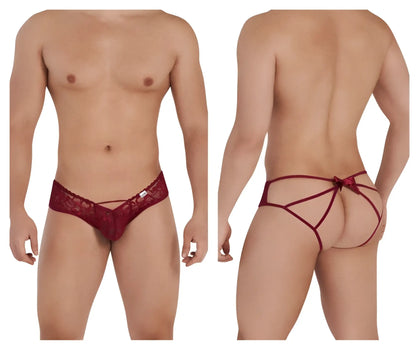 Back view of burgundy red lace thong with bow detail candy man 99535 bow jockstrap for stylish wear