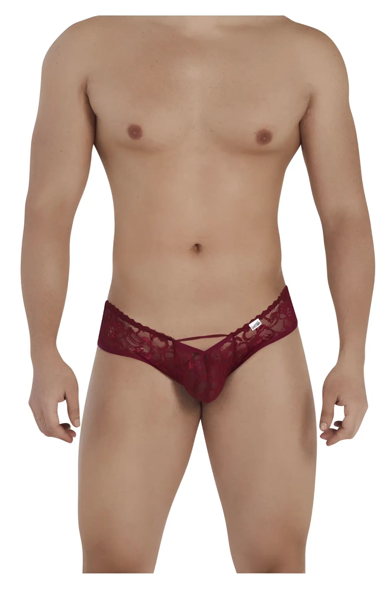 CandyMan 99535 burgundy bow jockstrap with red lace thong back featuring intricate floral sheer fabric design
