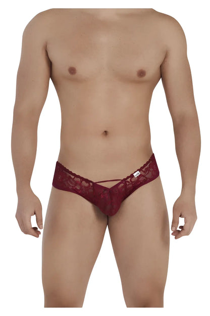 CandyMan 99535 burgundy bow jockstrap with red lace thong back featuring intricate floral sheer fabric design
