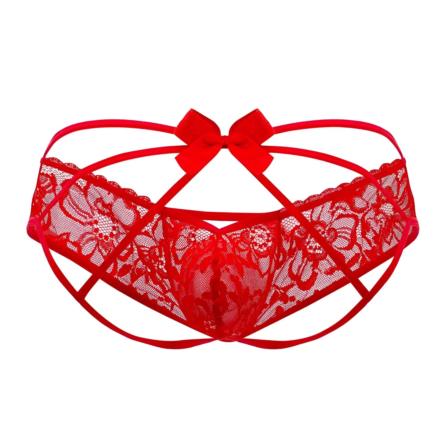 Red lace candyMan 99535 bow jockstrap with crisscross straps and central bow in vibrant red color