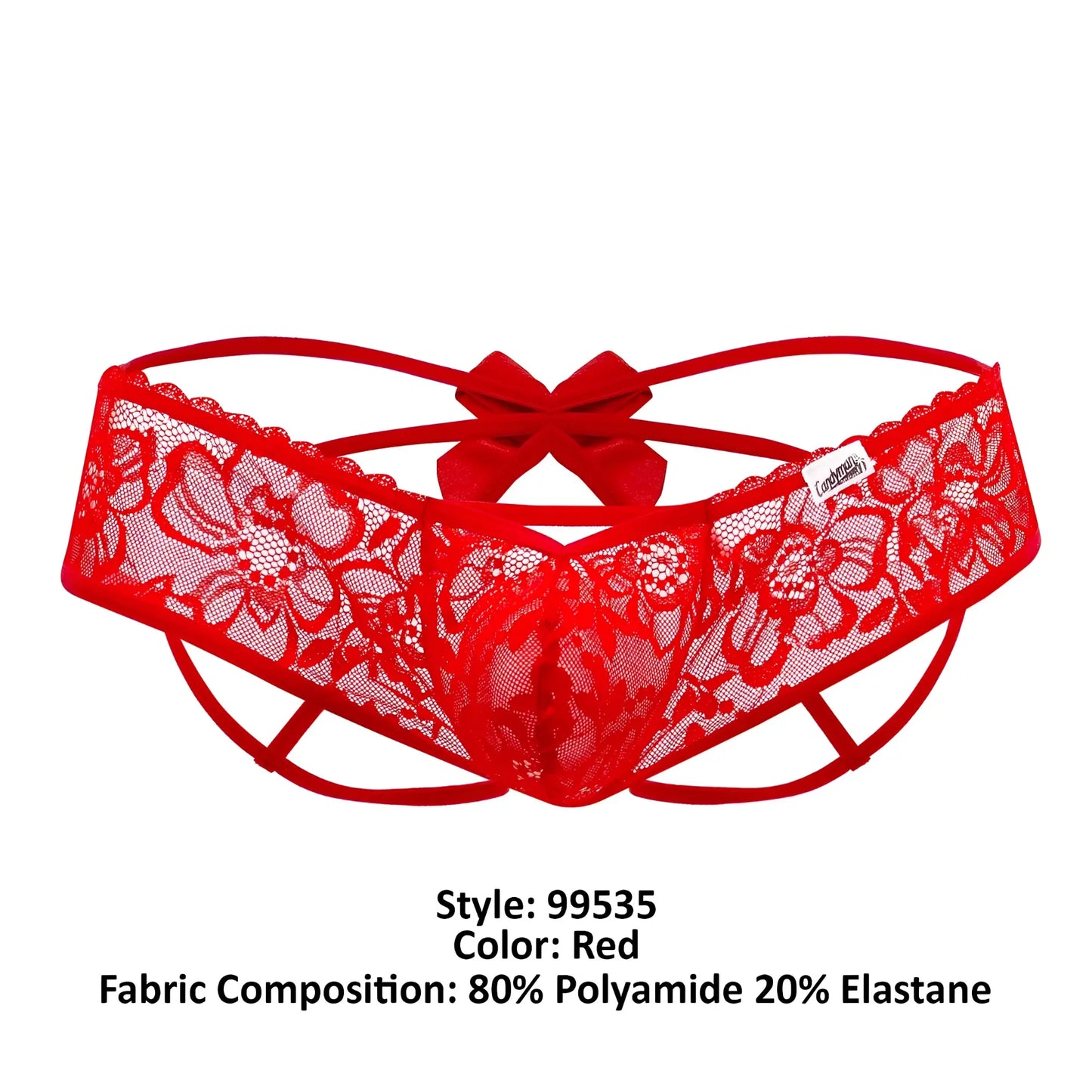 Red lace CandyMan 99535 bow jockstrap with floral pattern and central bow in red color