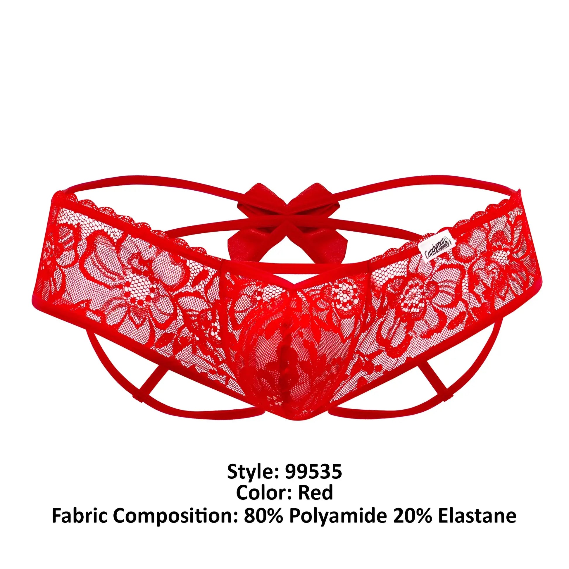 Red lace CandyMan 99535 bow jockstrap with floral pattern and central bow in red color