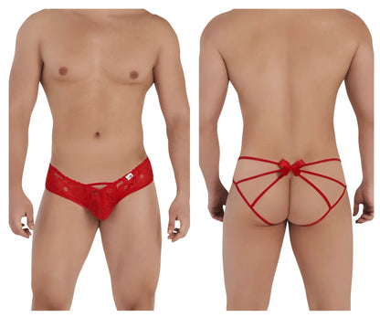 Back view of red lace CandyMan 99535 bow jockstrap thong featuring a decorative bow for stylish intimate wear