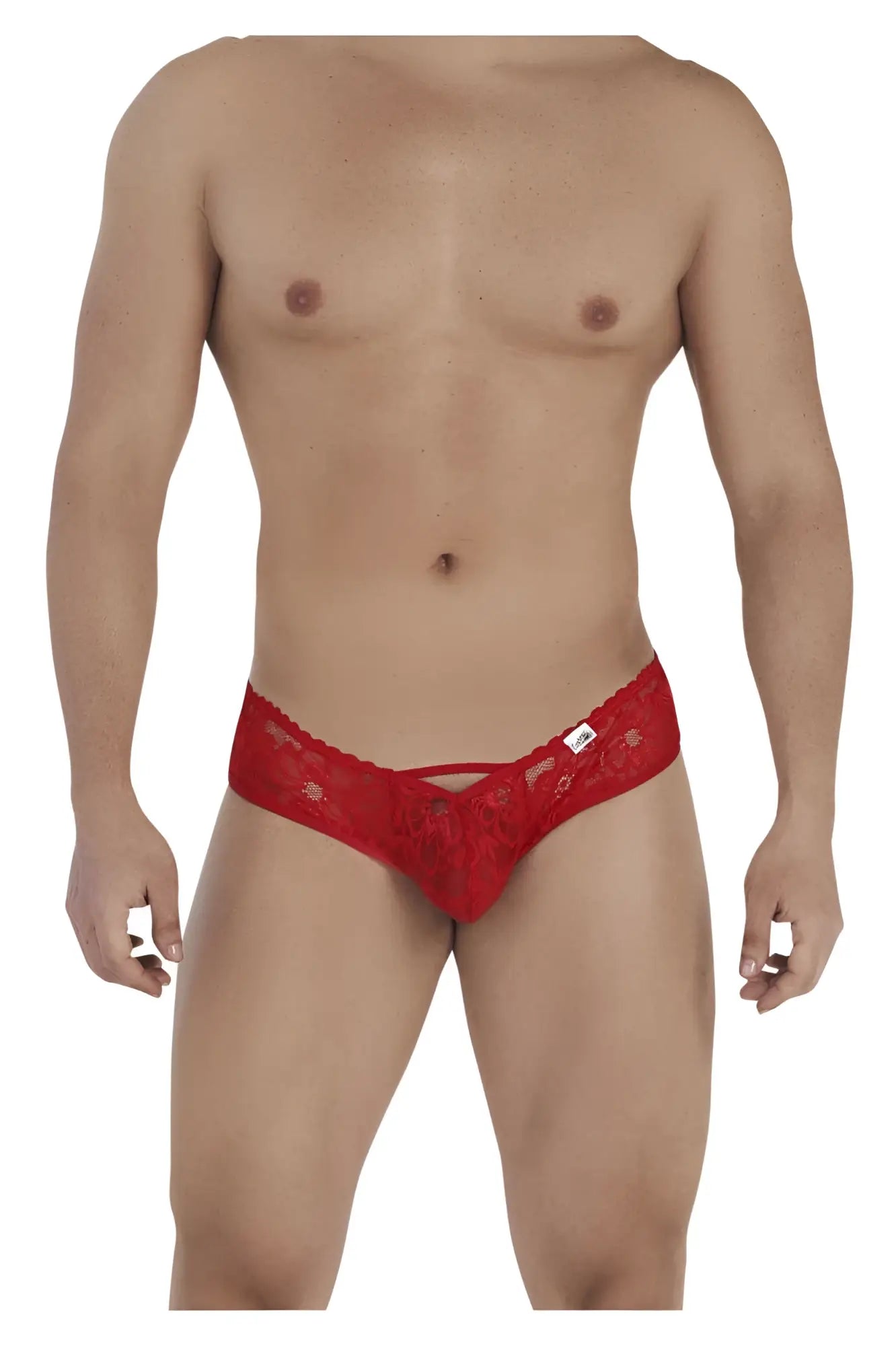 Candyman 99535 red lace thong with delicate floral pattern and small white tag on the waistband