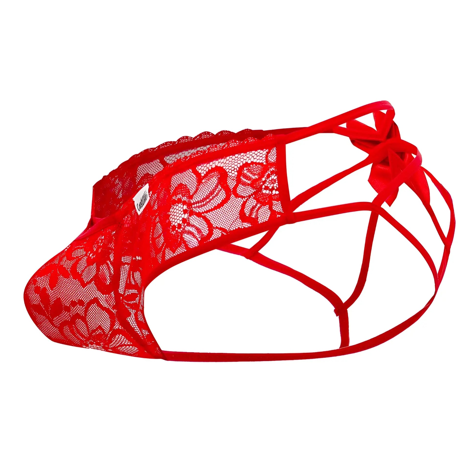 Red lace thong with floral pattern and adjustable straps from candyman 99535 bow jockstrap in red