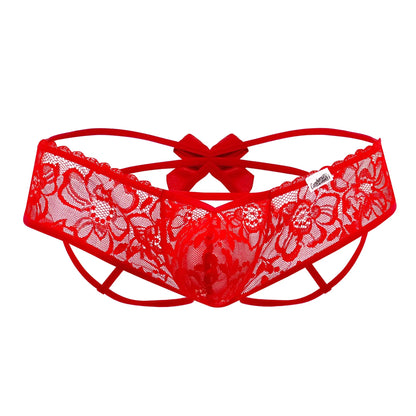 Back view of candyman 99535 red lace thong with floral patterns and matching satin bow jockstrap design