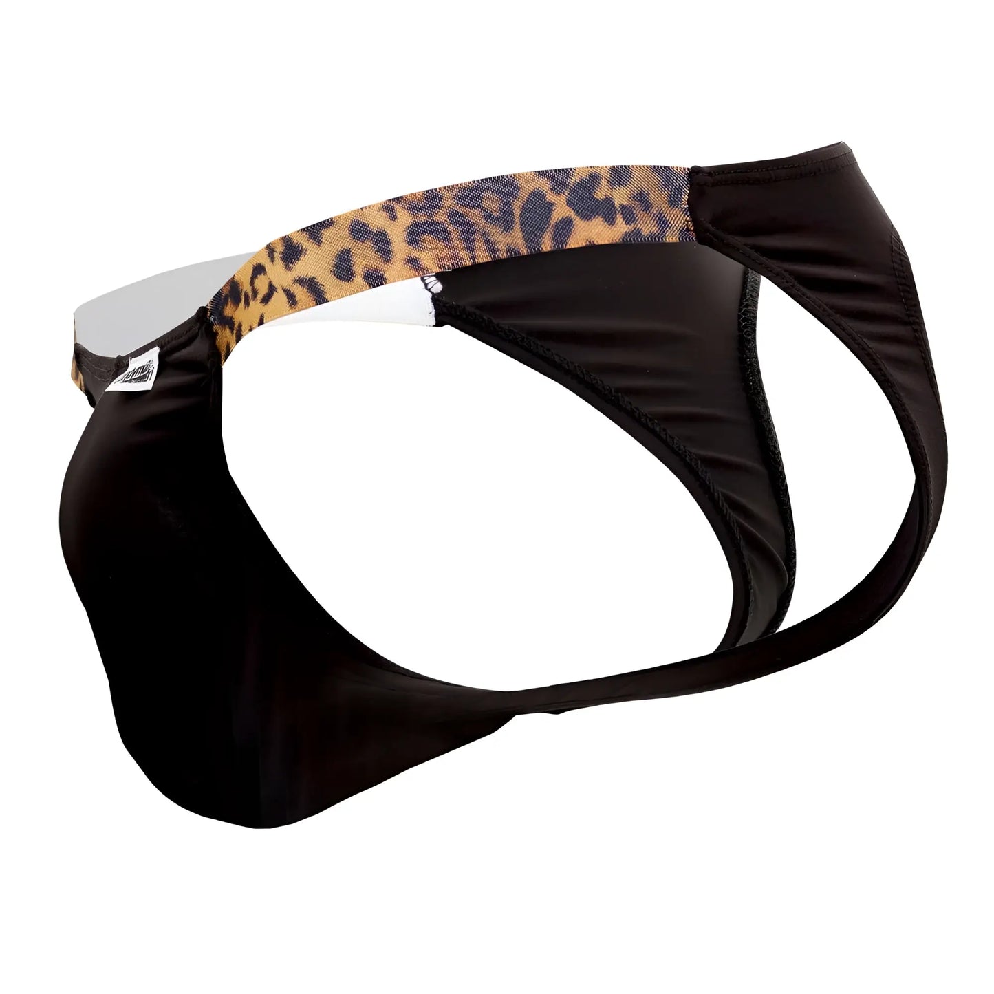 Black candyman 99536x bikini jockstrap briefs with leopard-print waistband for athletic support and style