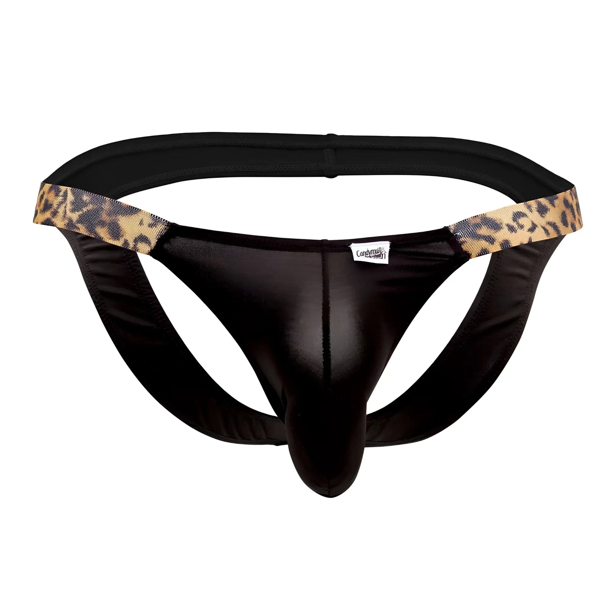 Black satin-like thong bikini jockstrap with leopard-print trim on waistband candyMan 99536X color black-animal print