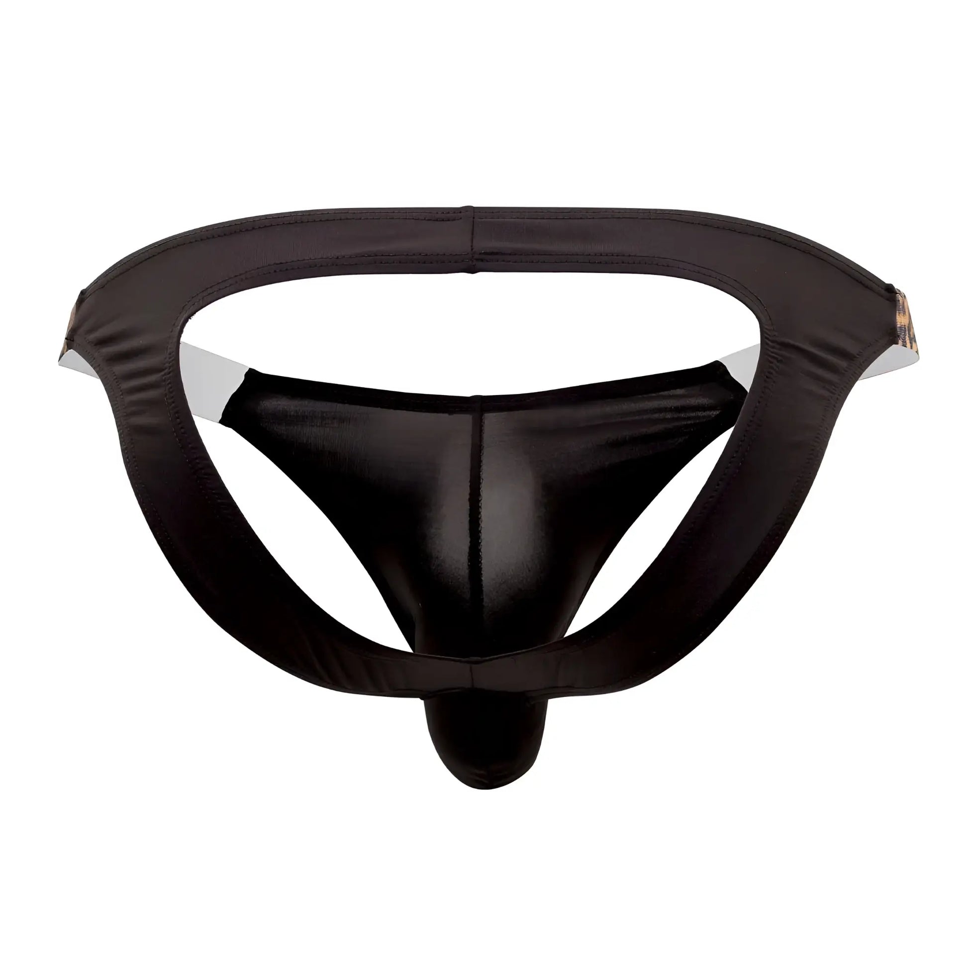 Black shinny satin candy man 99536x bikini jockstrap with white inner lining and central seam animal print