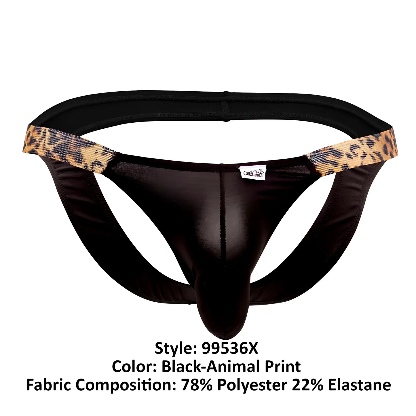 CandyMan 99536X bikini jockstrap black with leopard print trim glossy finish made of polyester and elastane