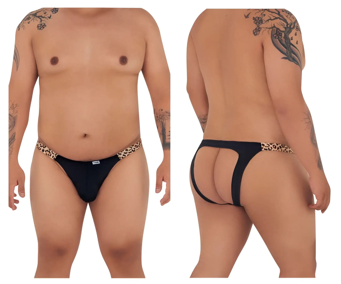 Black thong bikini jockstrap with leopard print trim by candyman in black animal print color shown from the back