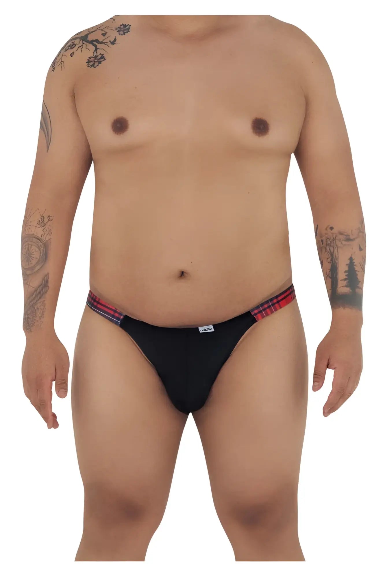 Black CandyMan 99536X bikini jockstrap with red and blue plaid waistband in front view