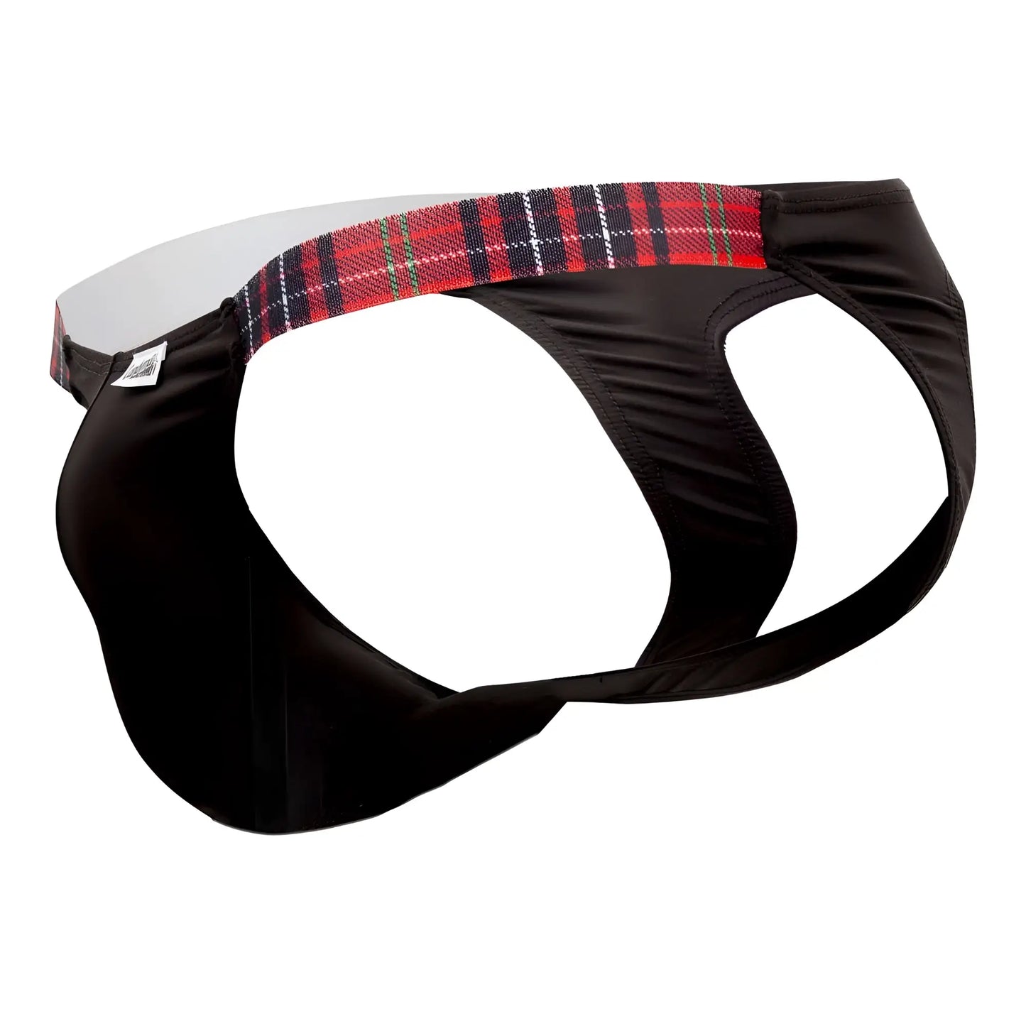 Black briefs candyMan 99536X bikini jockstrap with red black and white plaid waistband for athletic support