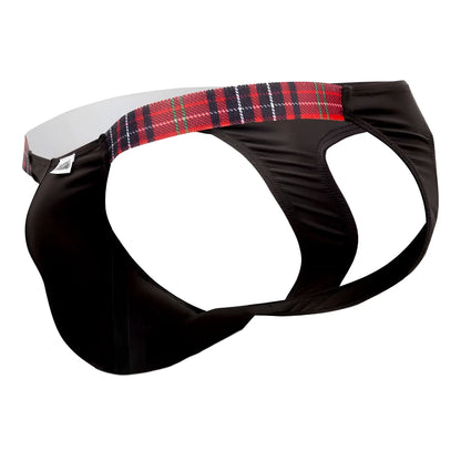 Black briefs candyMan 99536X bikini jockstrap with red black and white plaid waistband for athletic support