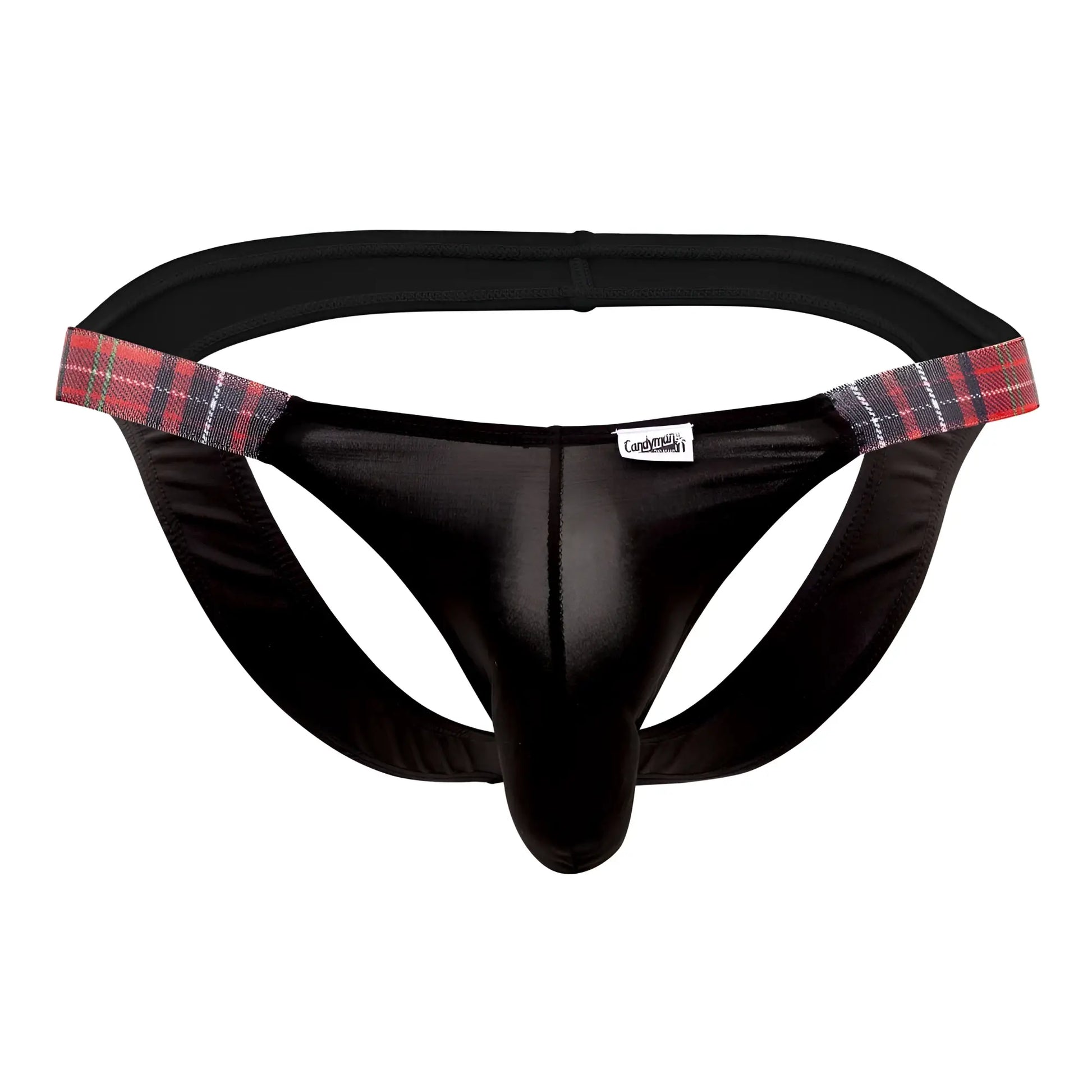 Candyman 99536x bikini jockstrap in black satin with red black and white plaid waistband trim front view