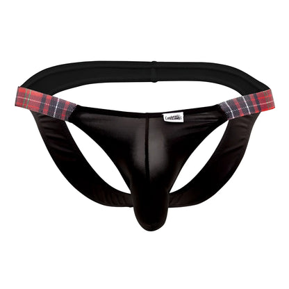 Candyman 99536x bikini jockstrap in black satin with red black and white plaid waistband trim front view