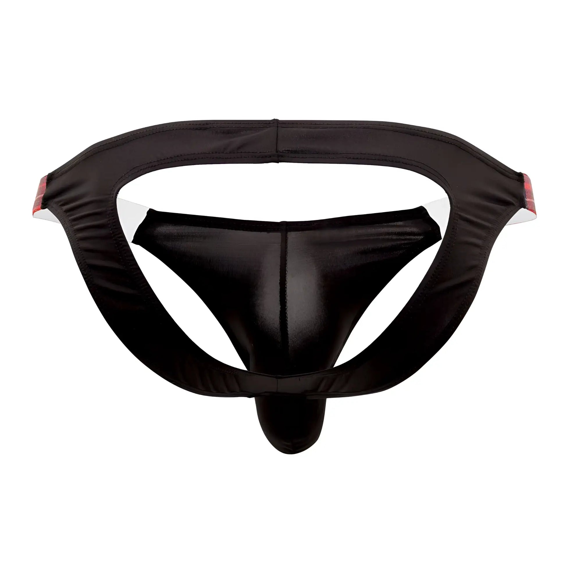 Black shiny satin briefs candy man 99536x bikini jockstrap with supportive waistband and subtle red side trim