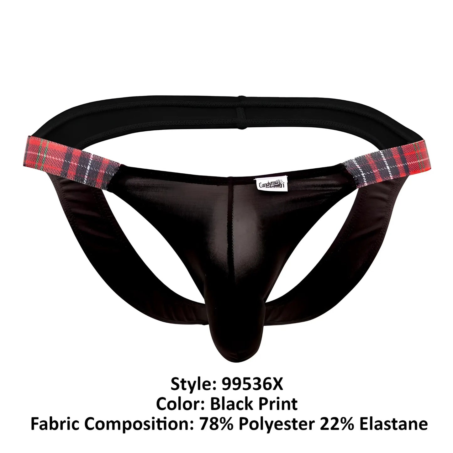 Black CandyMan 99536X bikini jockstrap with red black and gray plaid trim on waistband front view