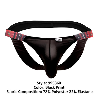 Black CandyMan 99536X bikini jockstrap with red black and gray plaid trim on waistband front view