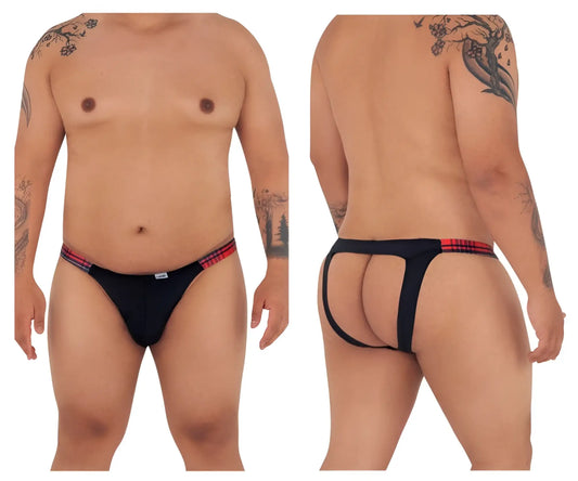 Black thong bikini jockstrap with red and black plaid waistband trim candyMan 99536X color black print