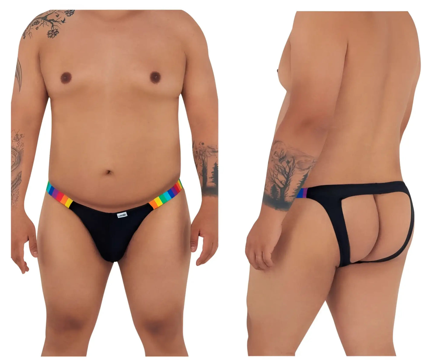 Black CandyMan 99536X bikini jockstrap briefs with rainbow elastic waistband and black stripes visible from front