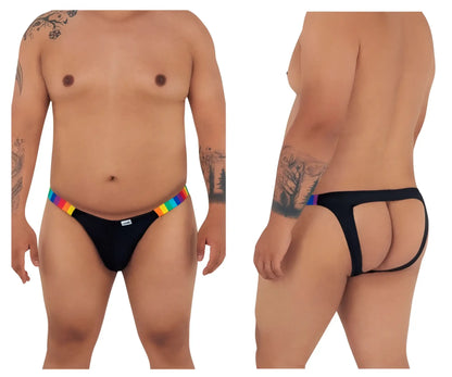 Black CandyMan 99536X bikini jockstrap briefs with rainbow elastic waistband and black stripes visible from front