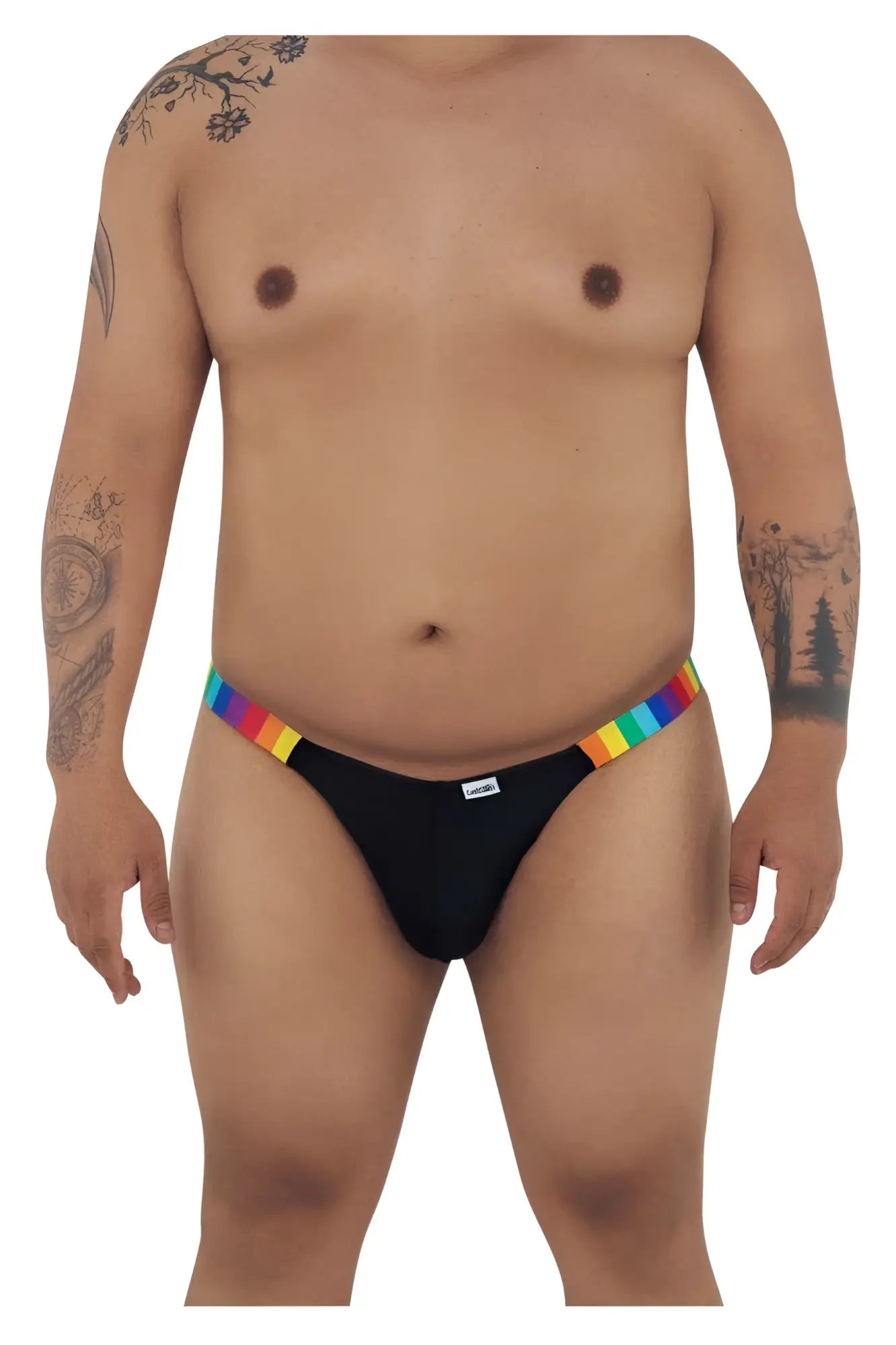 CandyMan 99536X black bikini jockstrap with rainbow striped waistband showing front side details