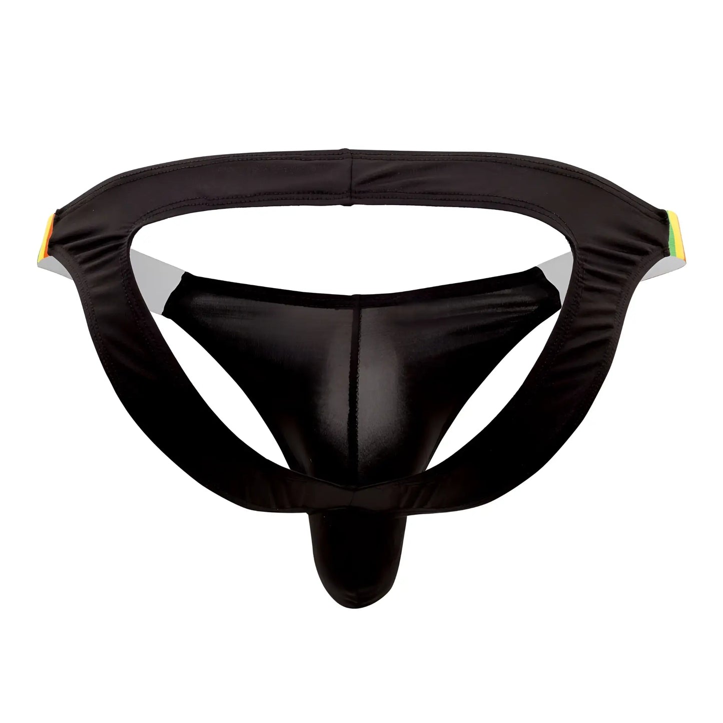 Black satin-like thong bikini jockstrap with supportive contoured design and yellow-green side accents candyMan 99536X