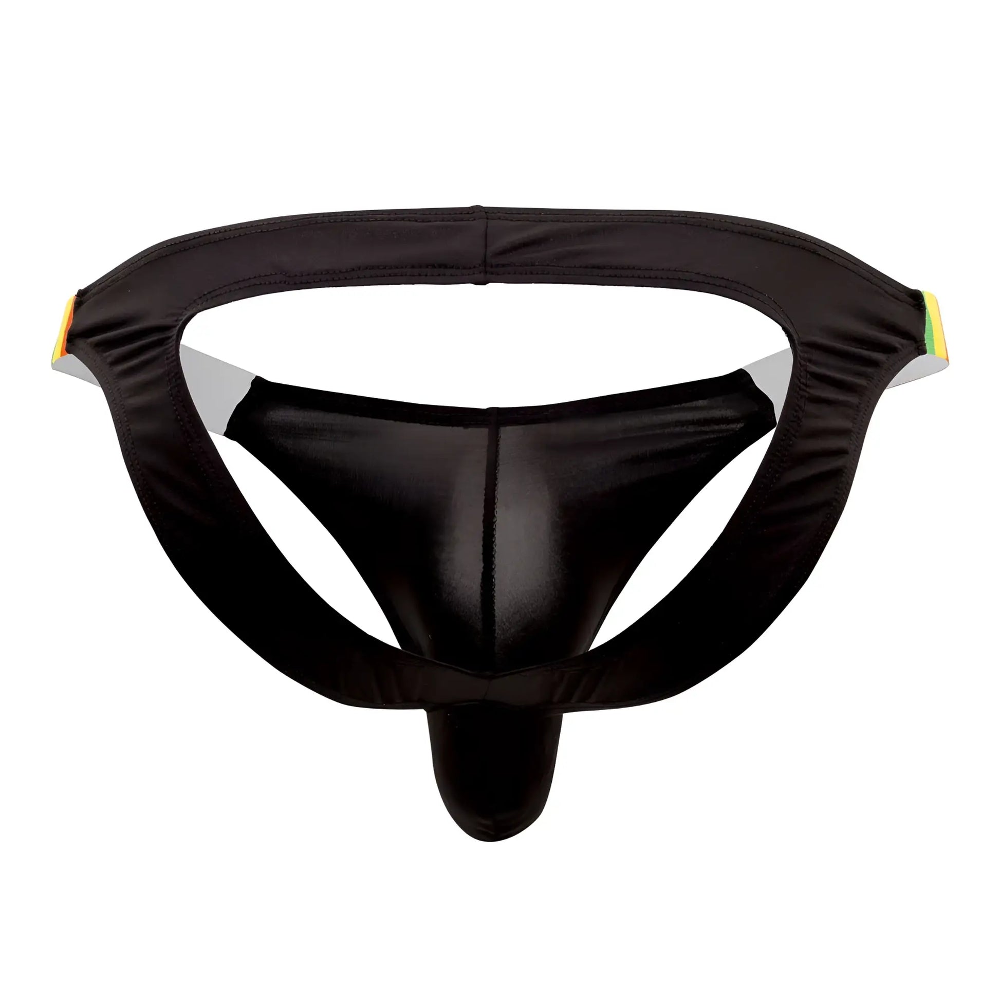 Black satin-like thong bikini jockstrap with supportive contoured design and yellow-green side accents candyMan 99536X