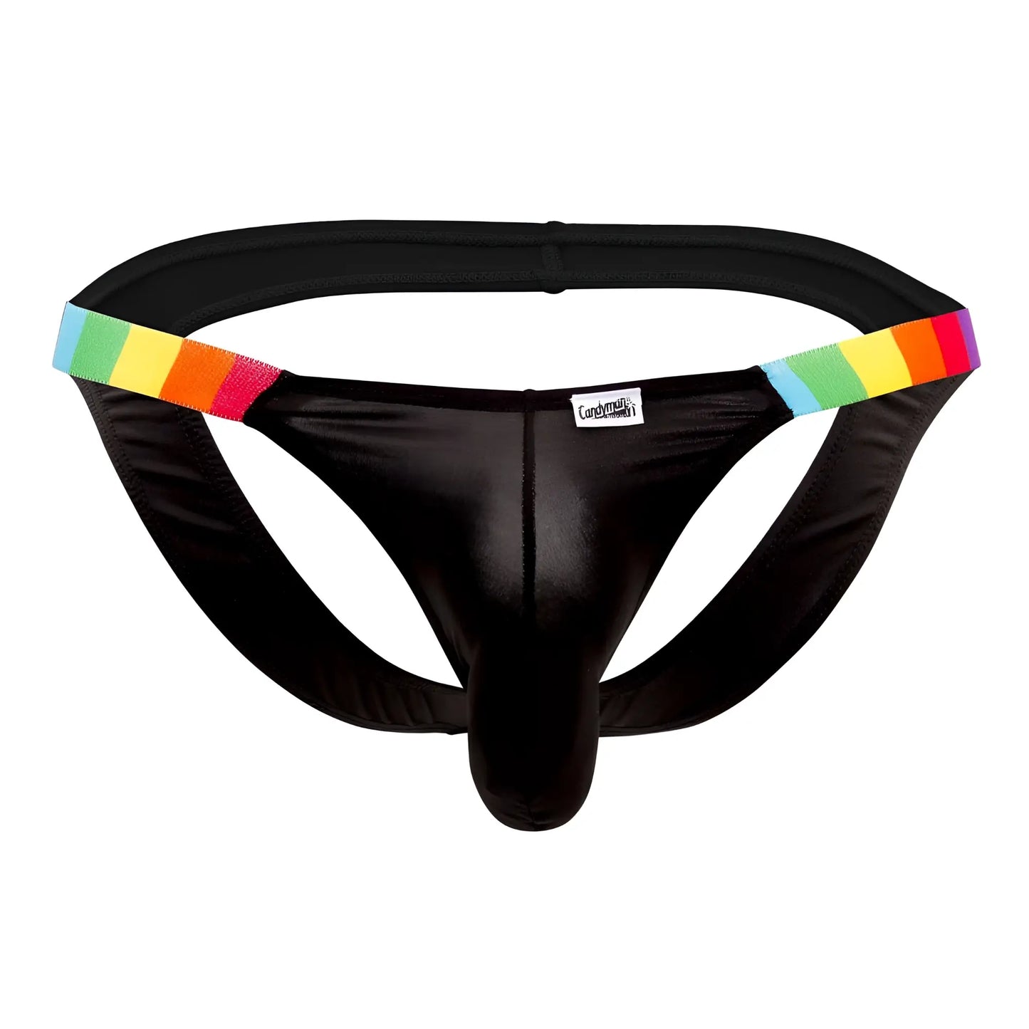 Black shiny fabric thong with rainbow elastic trim on waistband from candyman 99536x bikini jockstrap black stripes