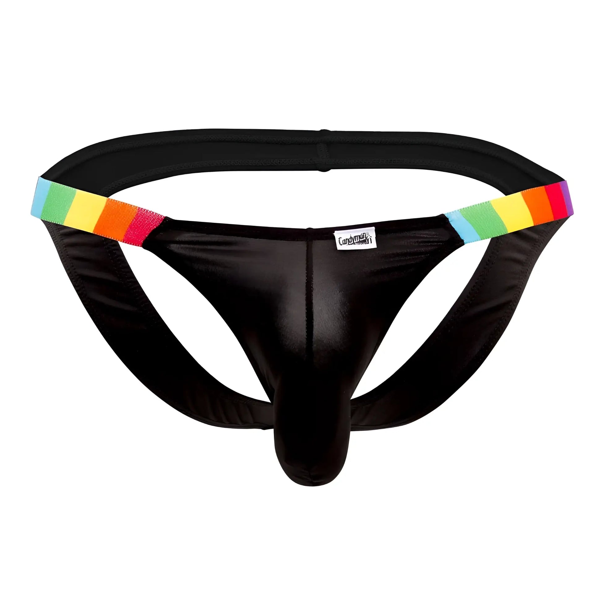 Black shiny fabric thong with rainbow elastic trim on waistband from candyman 99536x bikini jockstrap black stripes