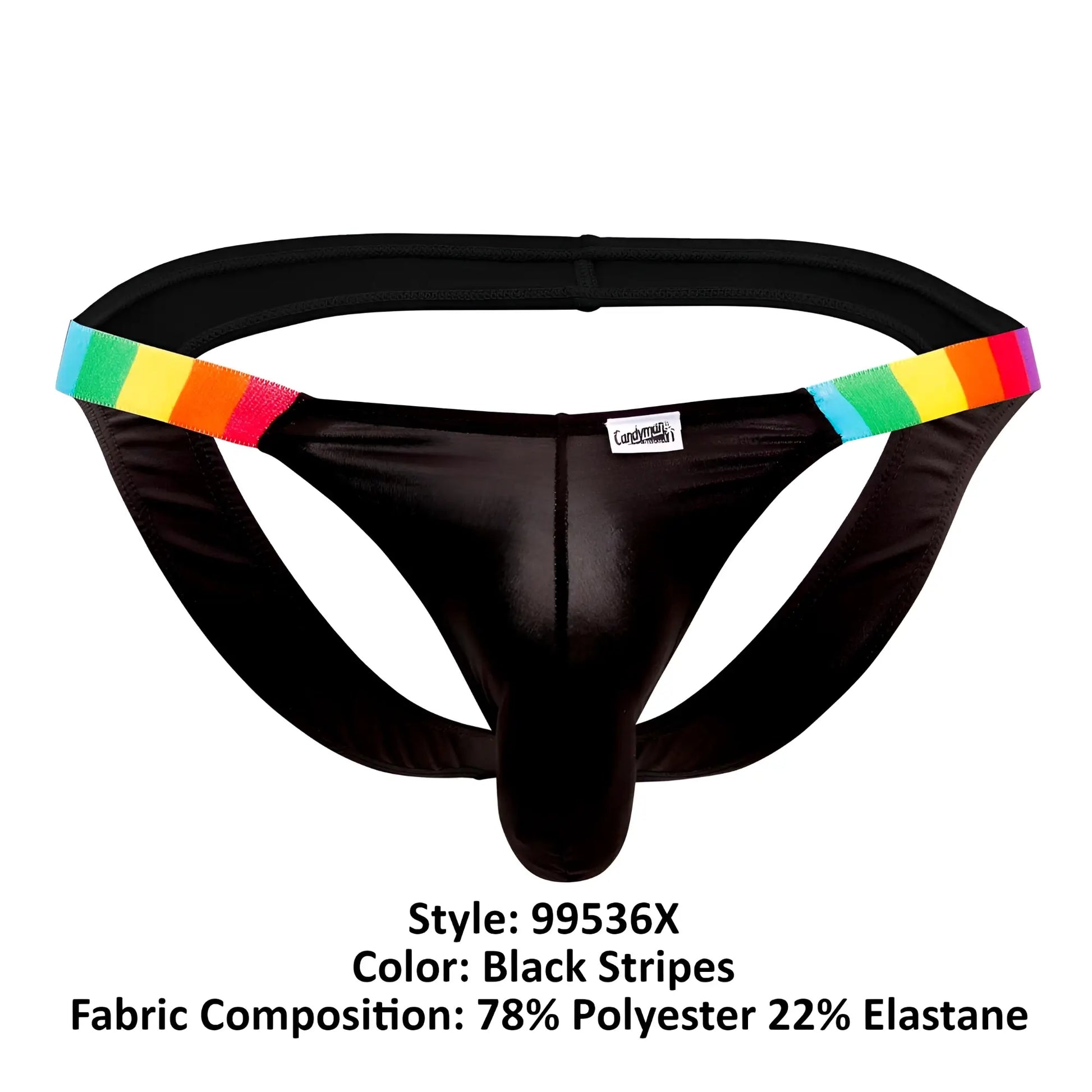 Black CandyMan 99536X bikini jockstrap featuring rainbow-striped elastic bands on sides for a bold look