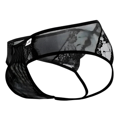Black lace mesh thong CandyMan 99538 with sheer patterned design and reinforced elastic waistband in black