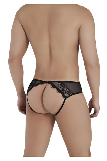 Black lace thong jockstrap with sheer mesh and scalloped edges in black by CandyMan 99538 shown from the back side
