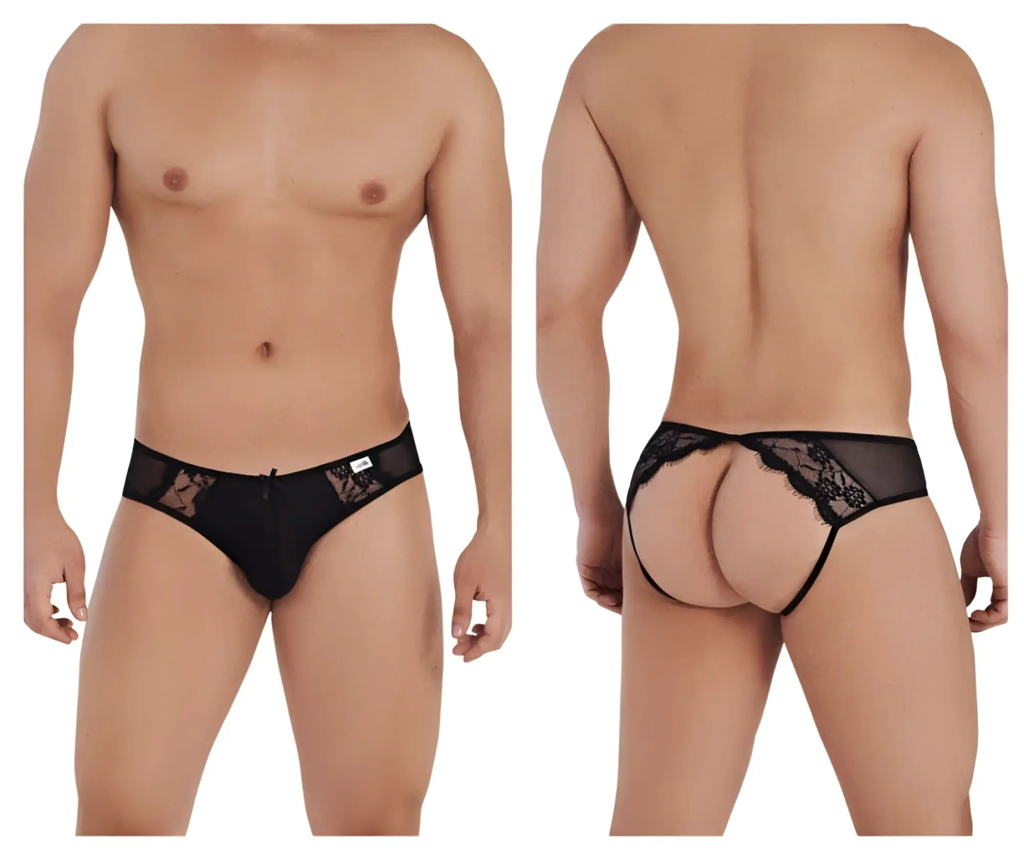 CandyMan 99538 lace jockstrap black lace thong with sheer mesh and intricate floral detailing front view
