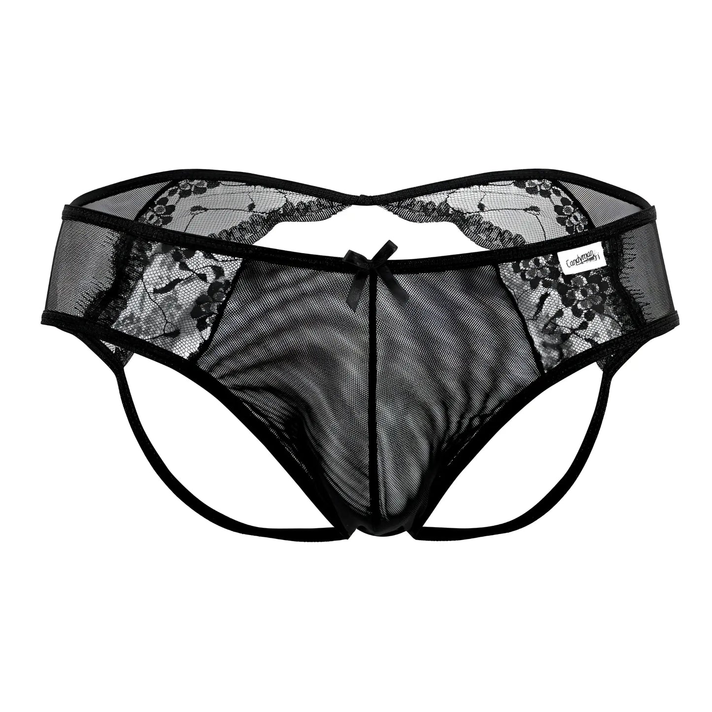 Black lace-trimmed mesh thong with central bow and CandyMan brand tag in black from CandyMan 99538 lace jockstrap series