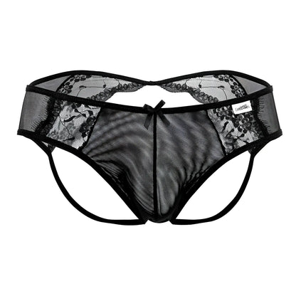 Black lace-trimmed mesh thong with central bow and CandyMan brand tag in black from CandyMan 99538 lace jockstrap series