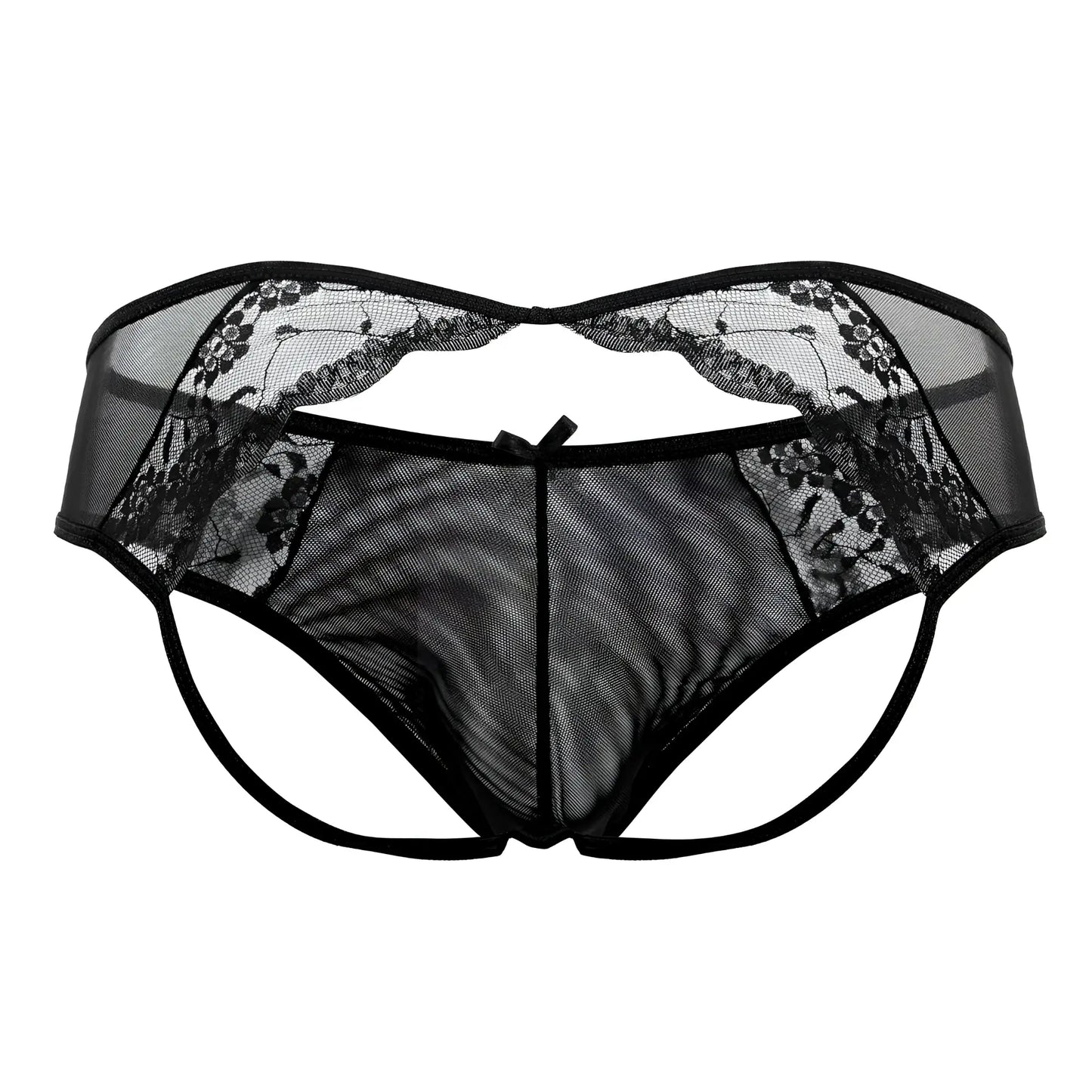 Black candyMan 99538 lace jockstrap thong with lace trim mesh material and central bow detail